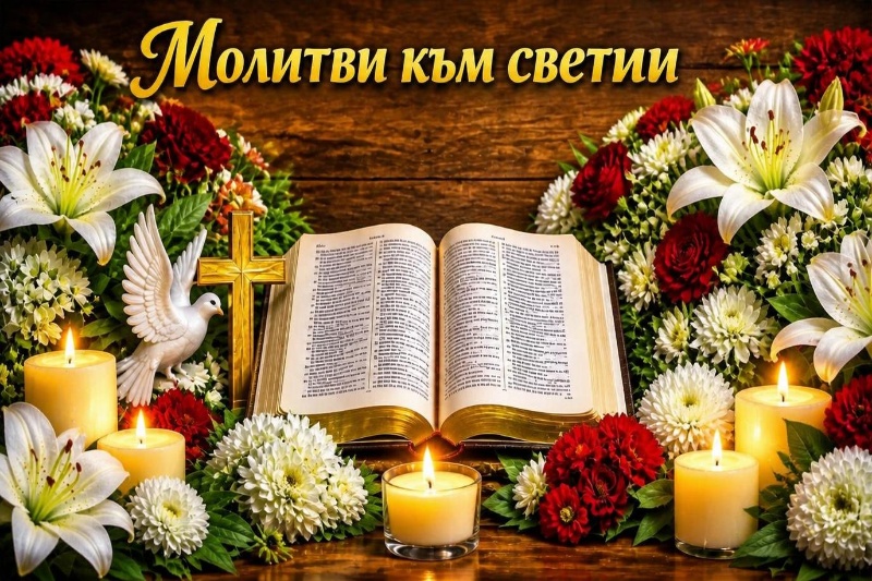 Отворен православен молитвослов със златен кръст, бял гълъб, горящи свещи и цветя – Молитви към светии.